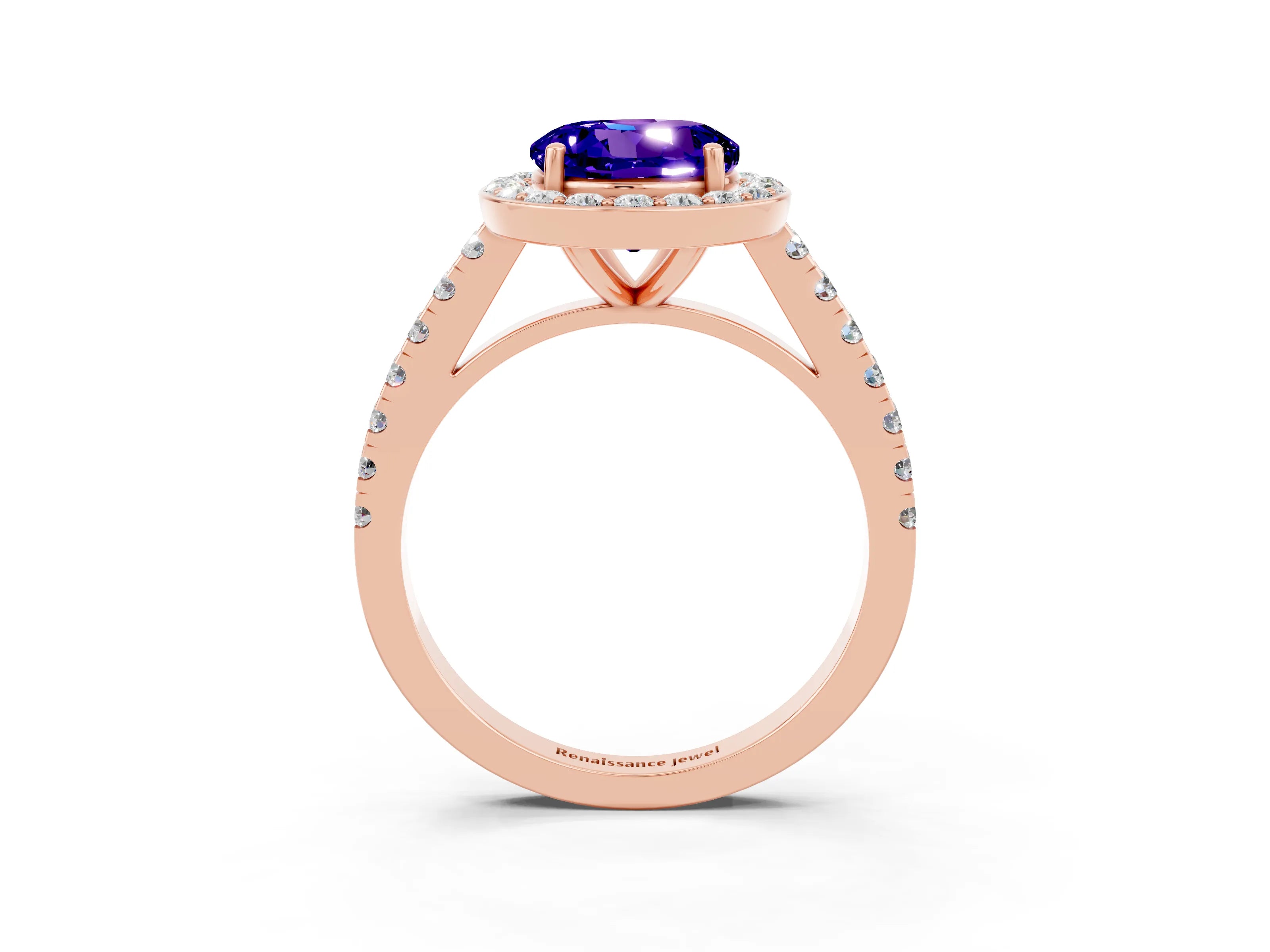 Rose gold Round Cut Halo Diamond Ring with Pavé Band and Three-Prong Setting_3