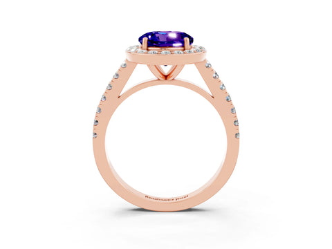 Rose gold Round Cut Halo Diamond Ring with Pavé Band and Three-Prong Setting_3