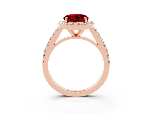 Rose gold Round Cut Ruby Halo Ring with Round Pavé Split Shank and Prong Setting