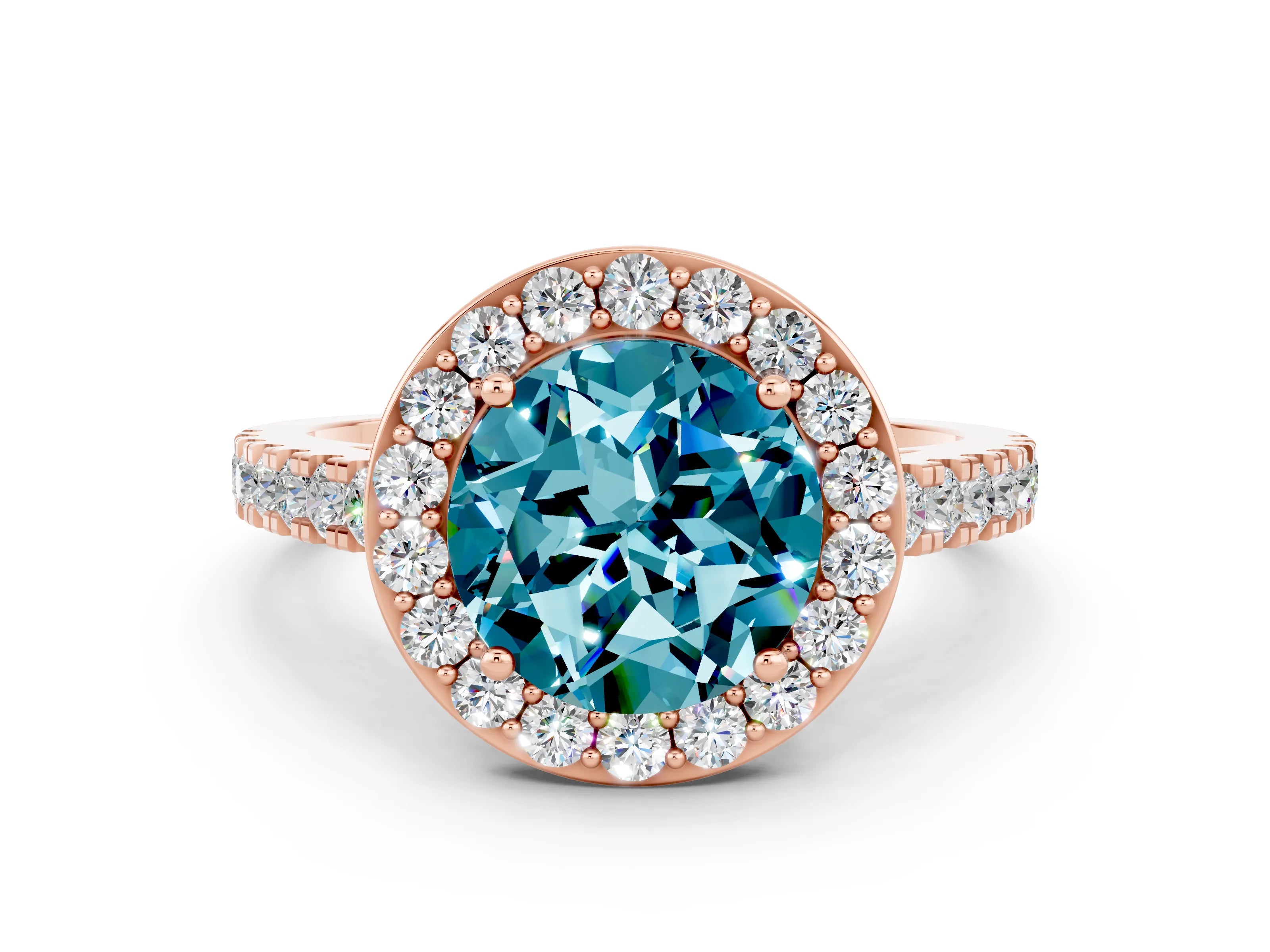 Rose gold Round Cut Halo Diamond Ring with Pavé Band and Three-Prong Setting