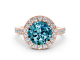Rose gold Round Cut Halo Diamond Ring with Pavé Band and Three-Prong Setting