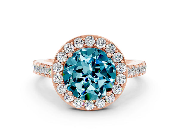 Rose gold Round Cut Halo Diamond Ring with Pavé Band and Three-Prong Setting
