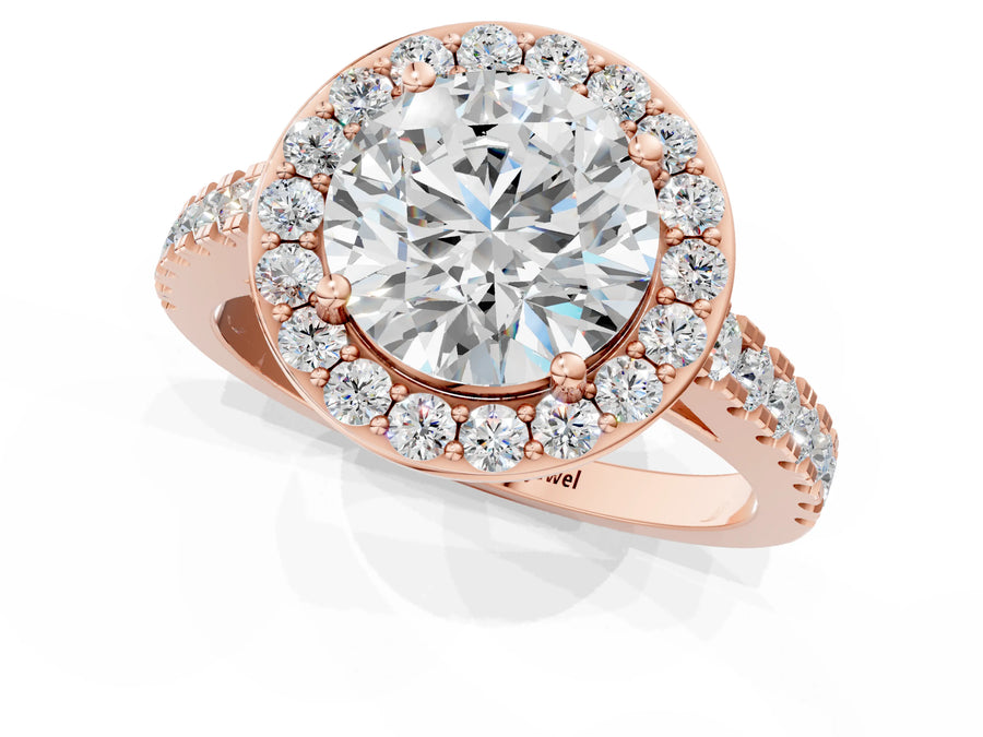 Rose gold Round Cut Halo Diamond Ring with Pavé Band and Three-Prong Setting