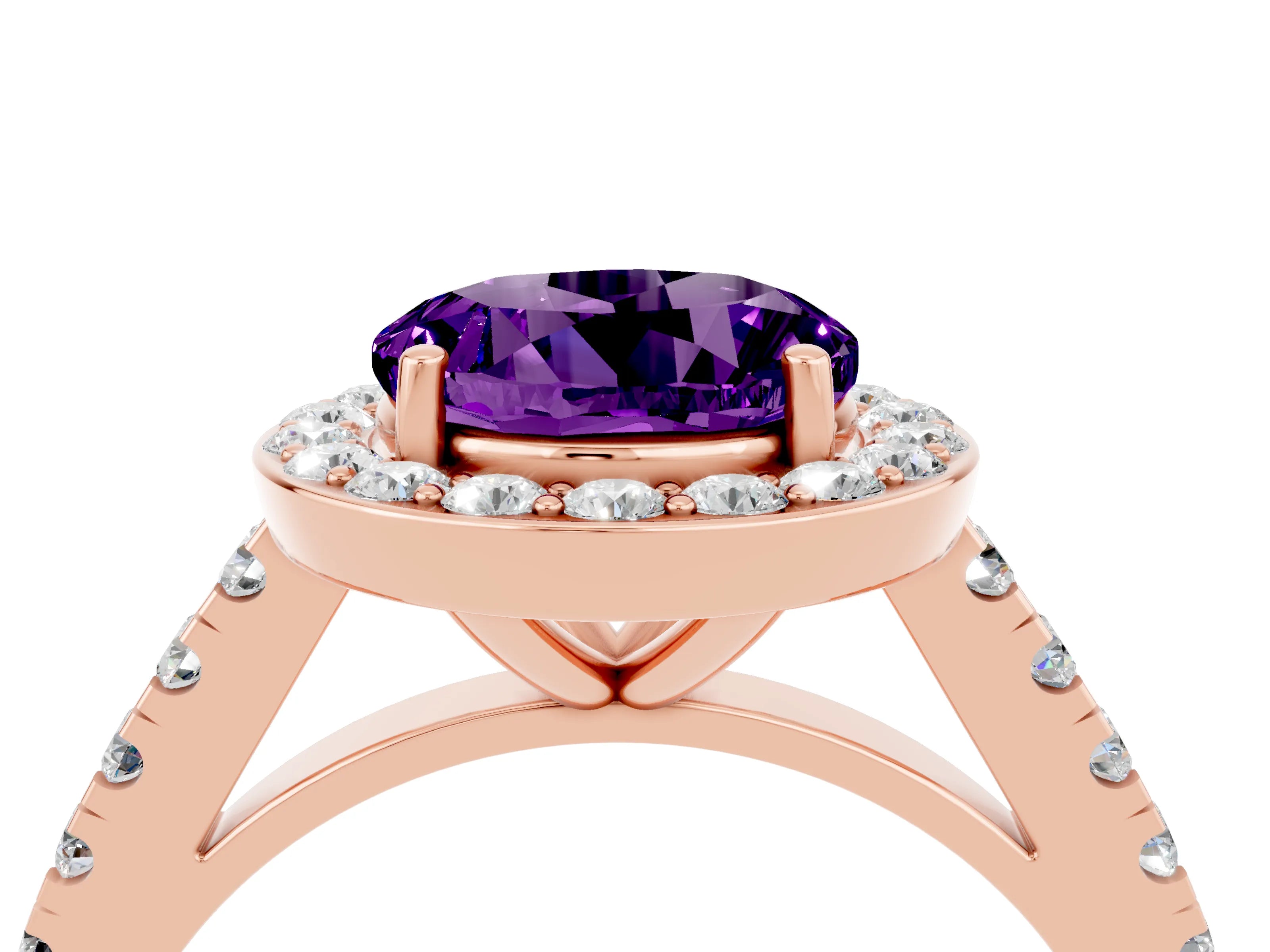 Rose gold Round Cut Halo Diamond Ring with Pavé Band and Three-Prong Setting_4