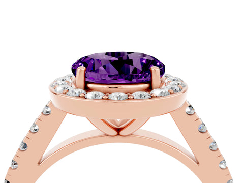 Rose gold Round Cut Halo Diamond Ring with Pavé Band and Three-Prong Setting_4