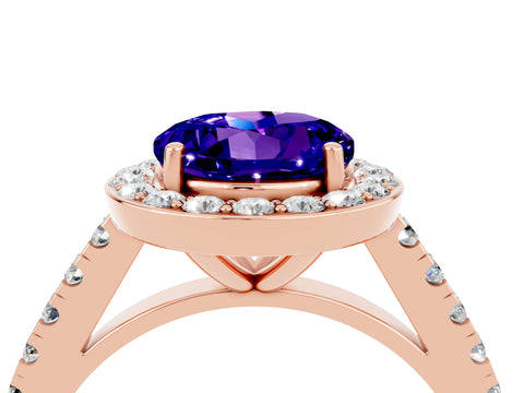 Rose gold Round Cut Halo Diamond Ring with Pavé Band and Three-Prong Setting_4