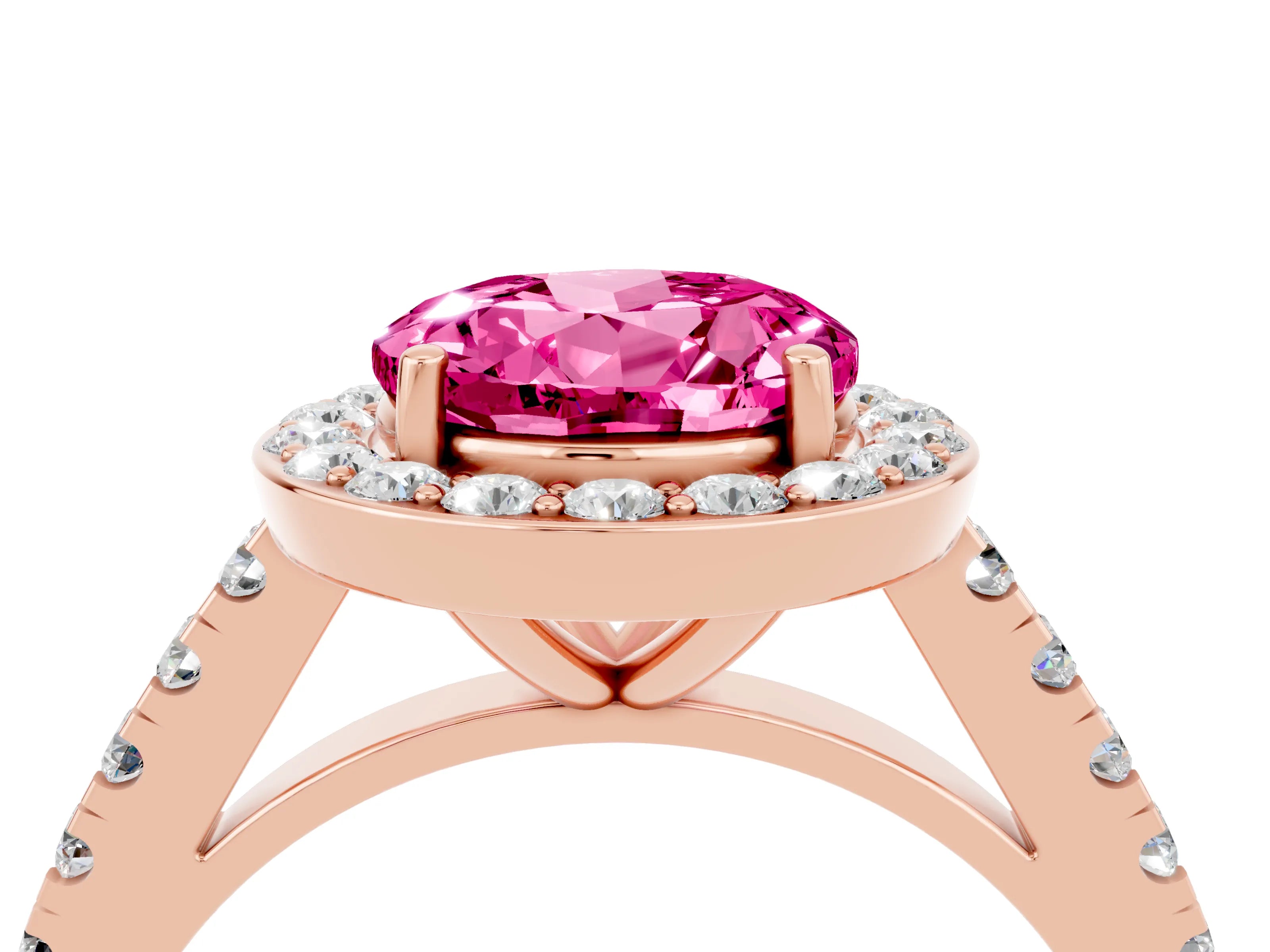 Rose gold Round Cut Halo Diamond Ring with Pavé Band and Three-Prong Setting_4