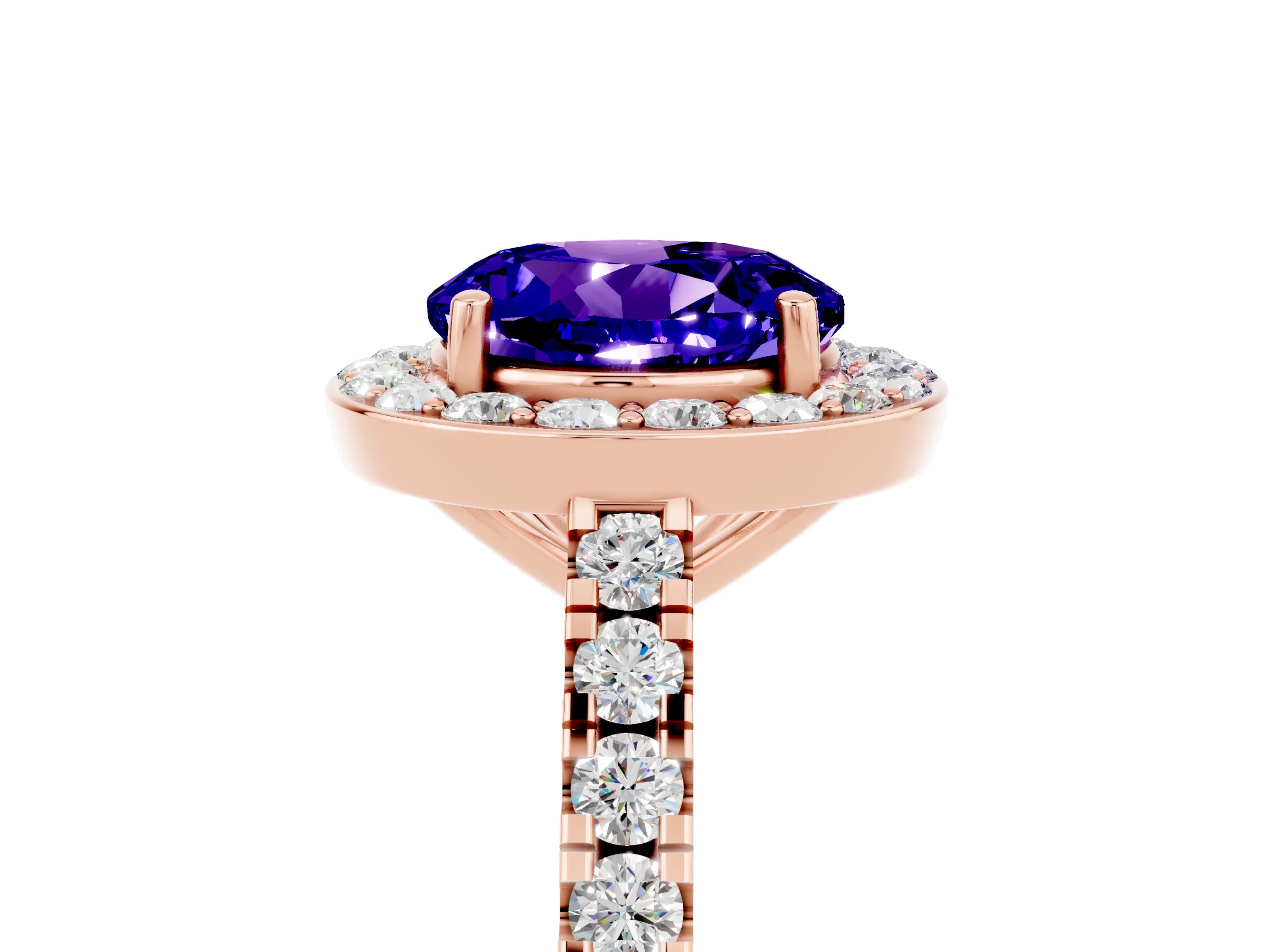 Rose gold Round Cut Halo Diamond Ring with Pavé Band and Three-Prong Setting_5