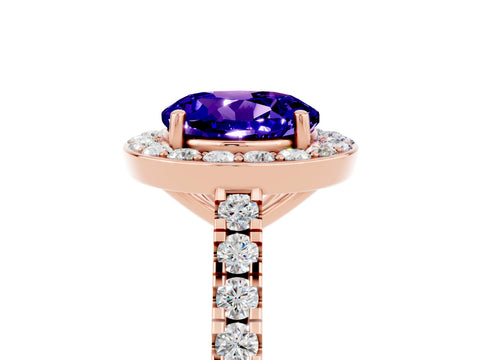 Rose gold Round Cut Halo Diamond Ring with Pavé Band and Three-Prong Setting_5