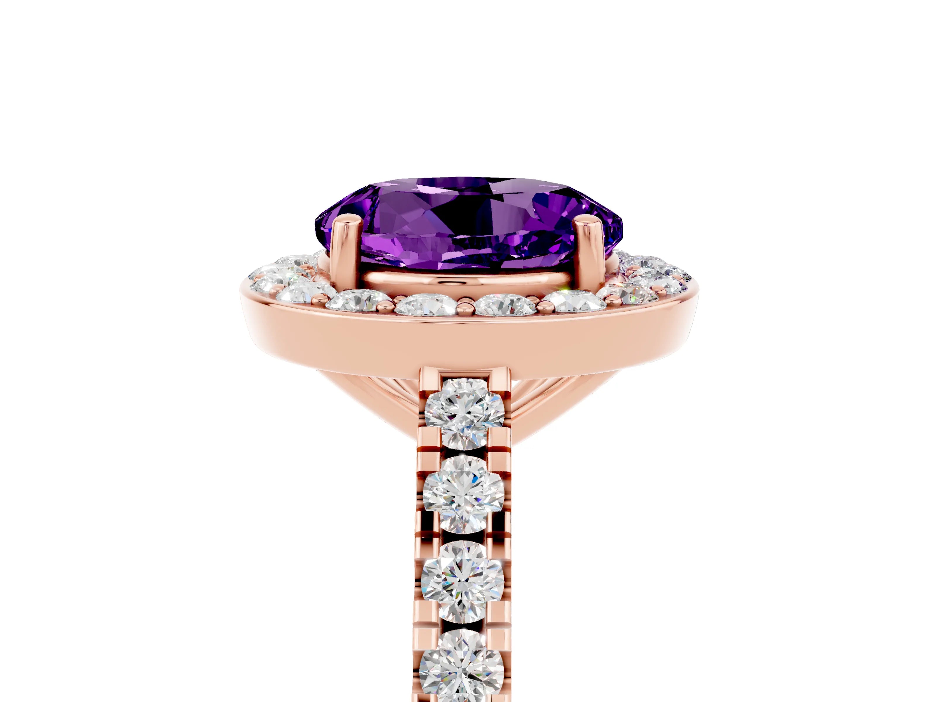 Rose gold Round Cut Halo Diamond Ring with Pavé Band and Three-Prong Setting_5