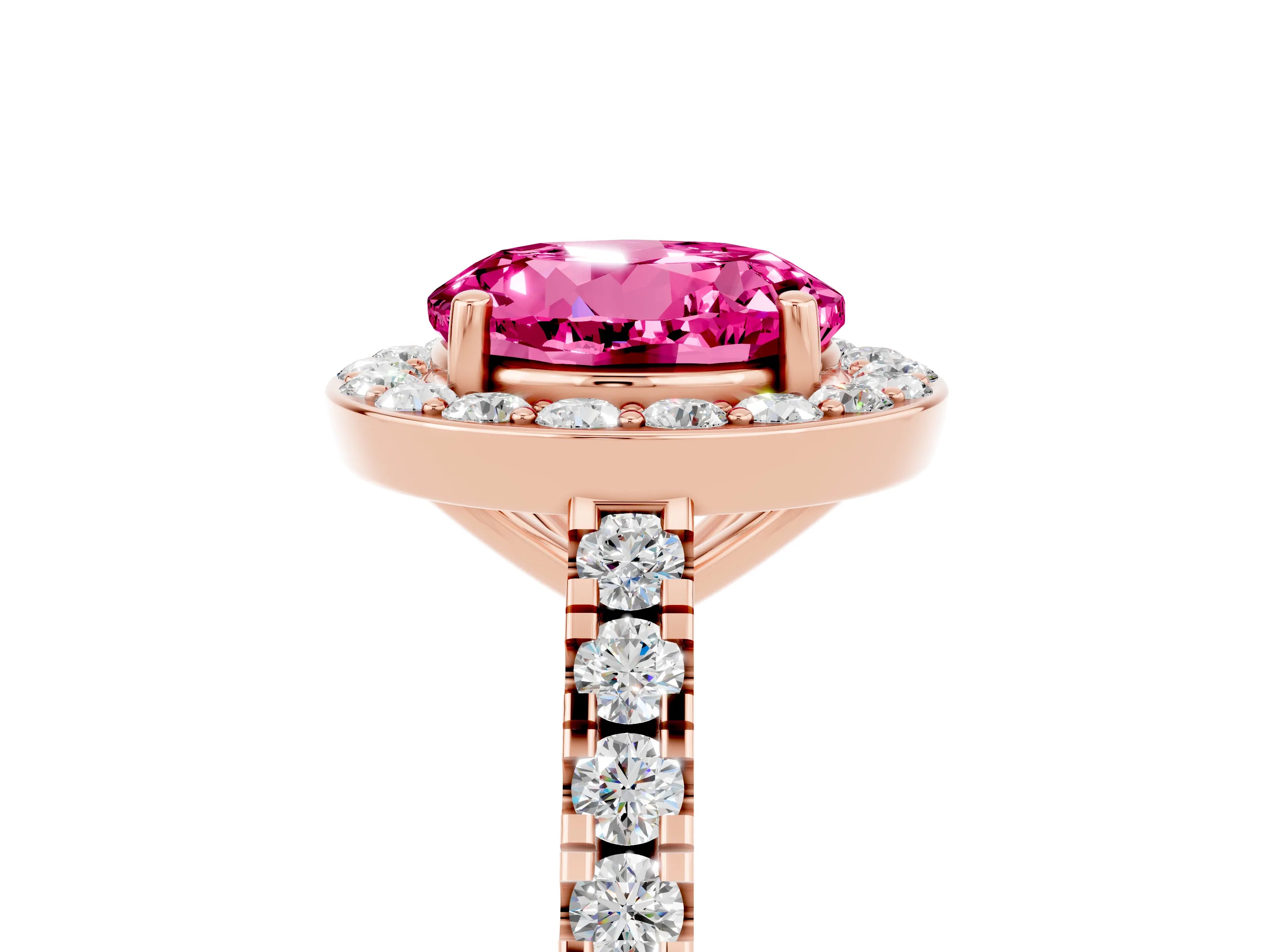 Rose gold Round Cut Halo Diamond Ring with Pavé Band and Three-Prong Setting_5