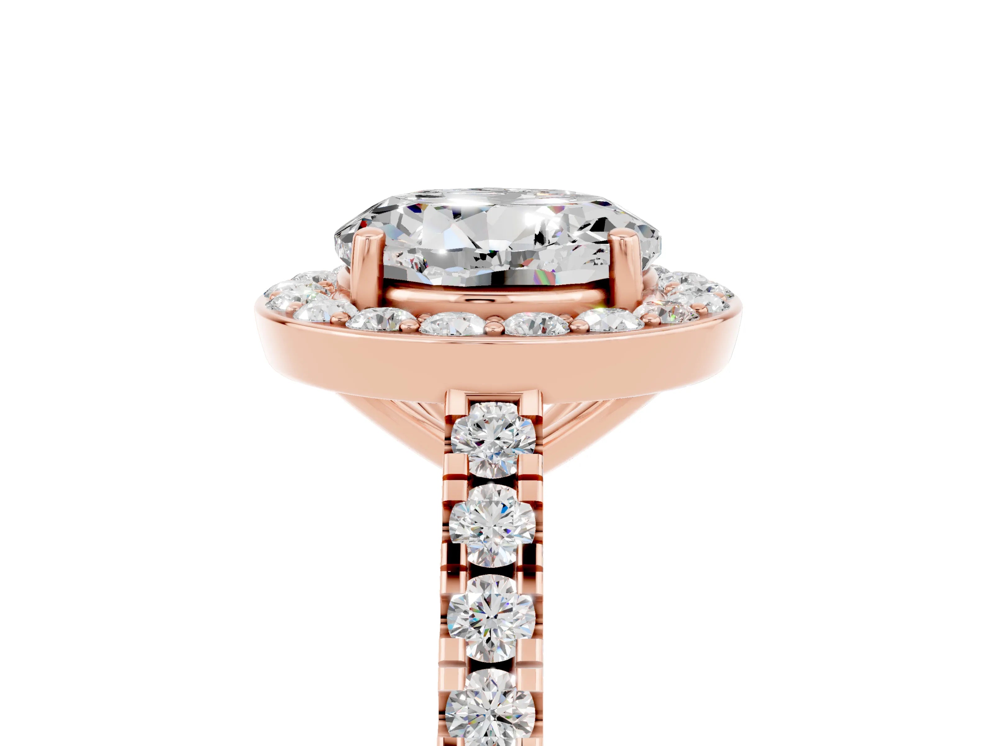 Rose gold Round Cut Halo Diamond Ring with Pavé Band and Three-Prong Setting_5