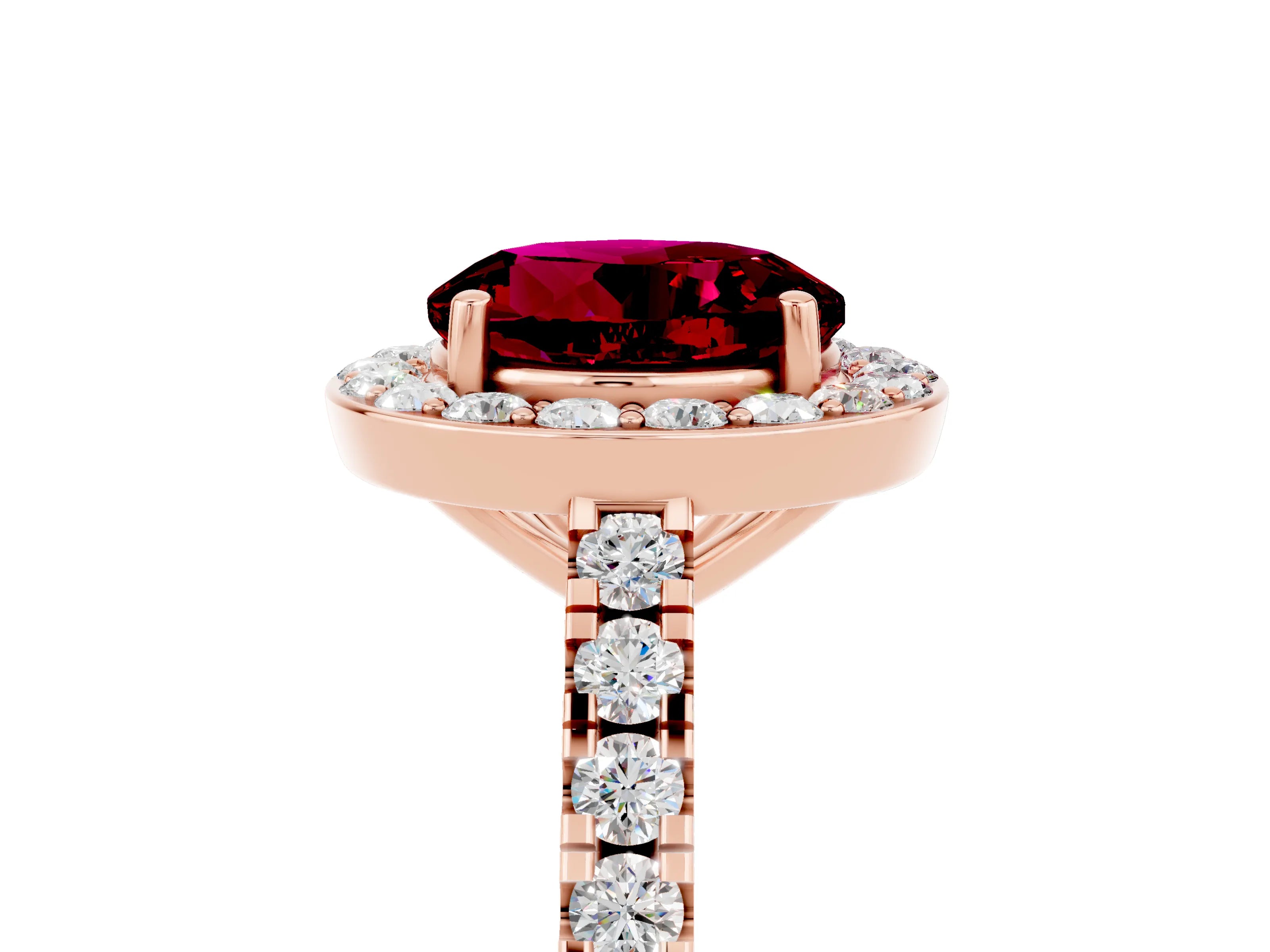 Rose gold Round Cut Halo Diamond Ring with Pavé Band and Three-Prong Setting_5