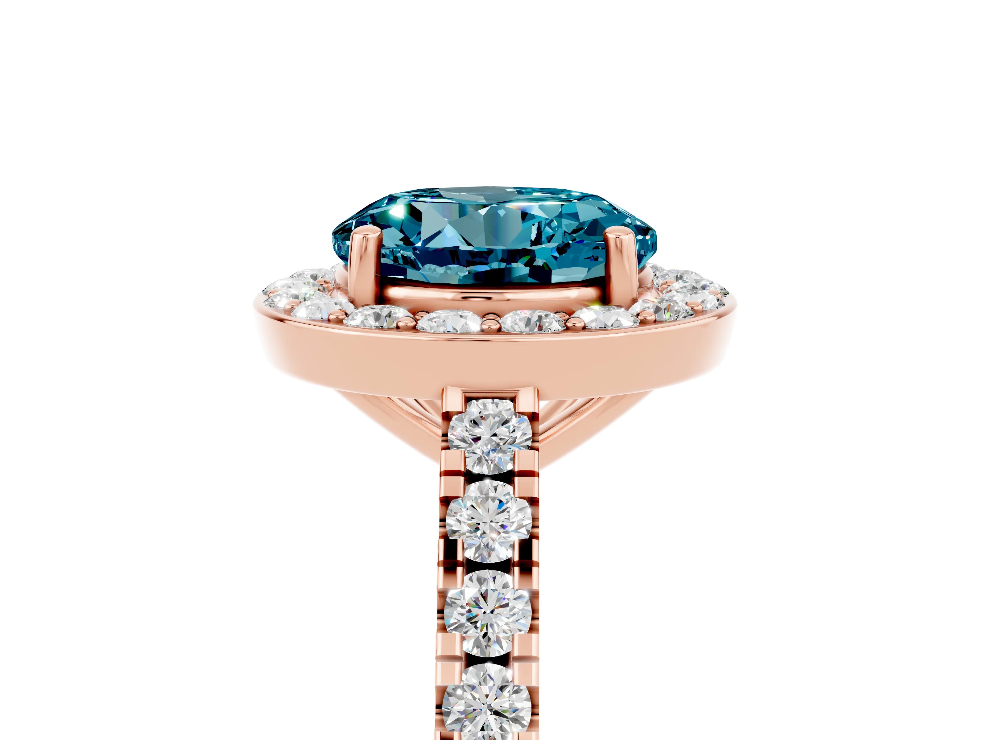Rose gold Round Cut Halo Diamond Ring with Pavé Band and Three-Prong Setting_5