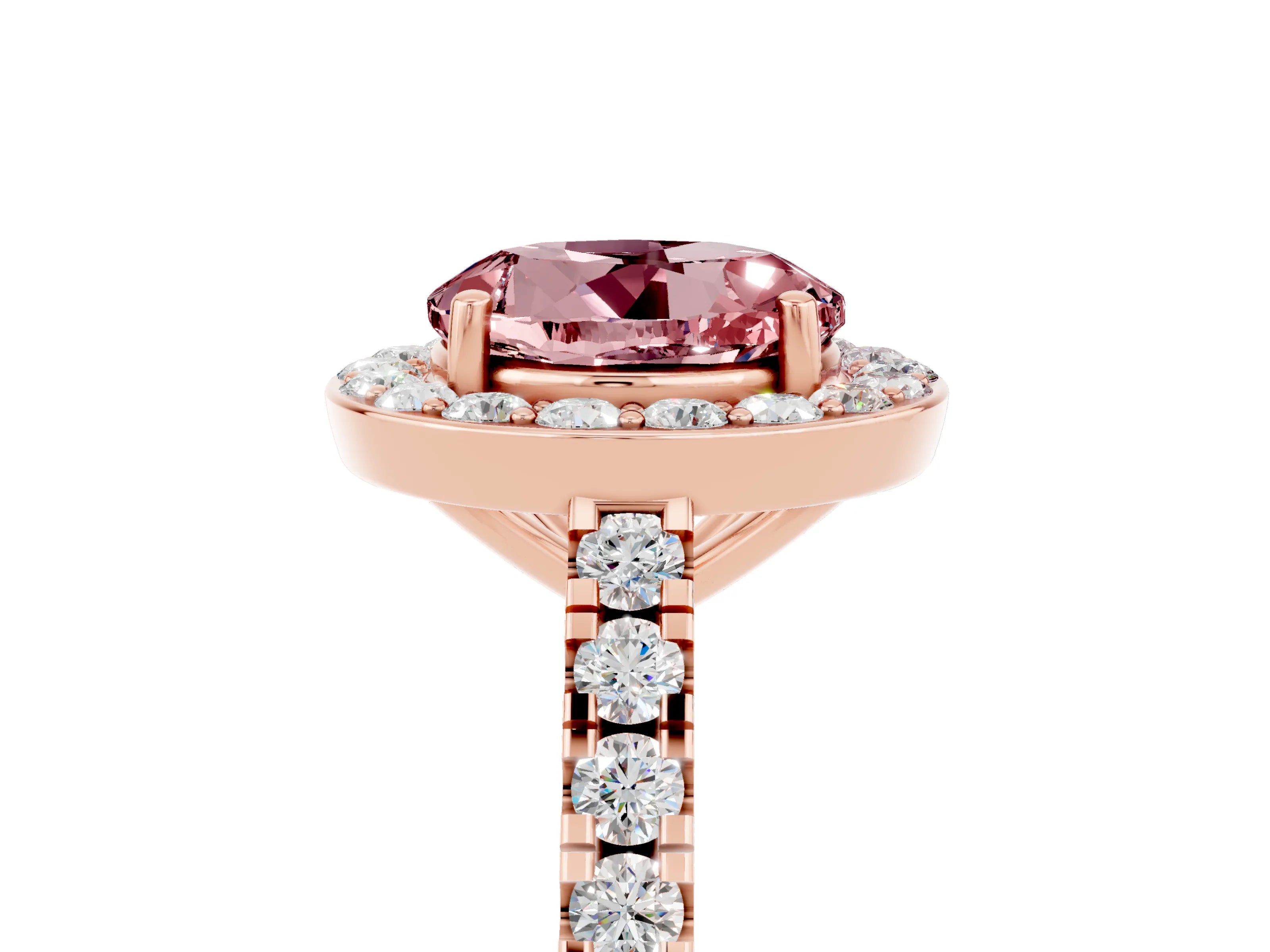 Rose gold Round Cut Halo Diamond Ring with Pavé Band and Three-Prong Setting_5