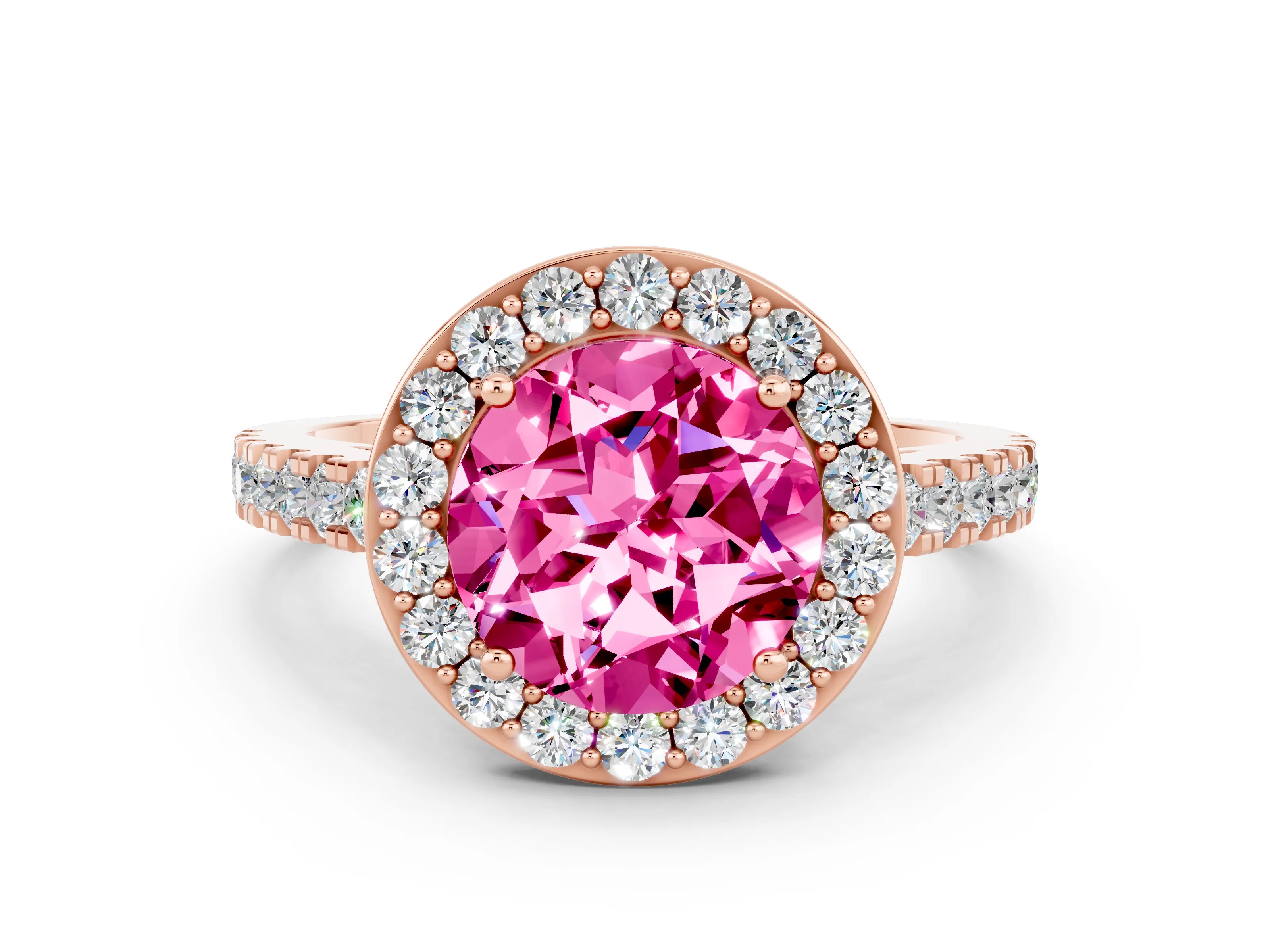 Rose gold Round Cut Halo Diamond Ring with Pavé Band and Three-Prong Setting