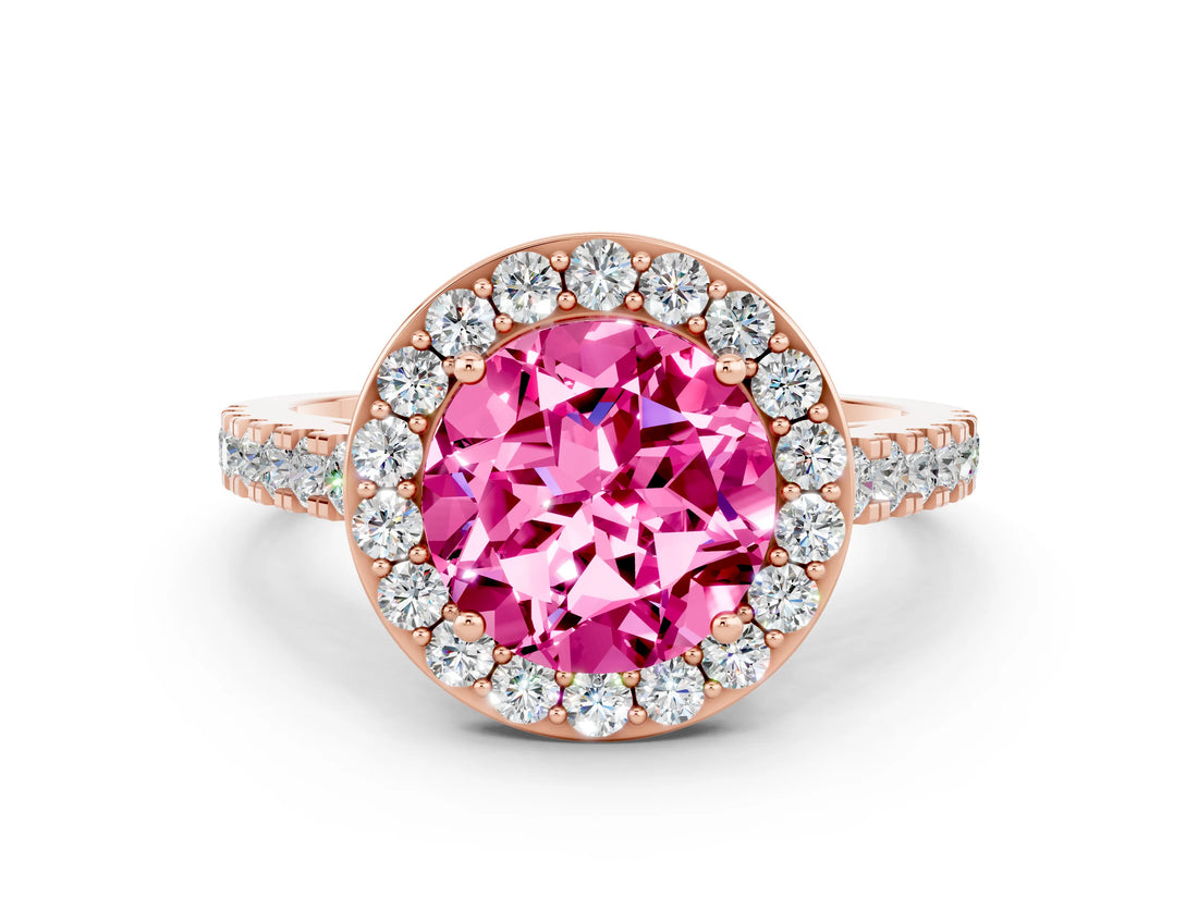 Rose gold Round Cut Halo Diamond Ring with Pavé Band and Three-Prong Setting