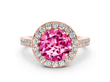 Rose gold Round Cut Halo Diamond Ring with Pavé Band and Three-Prong Setting