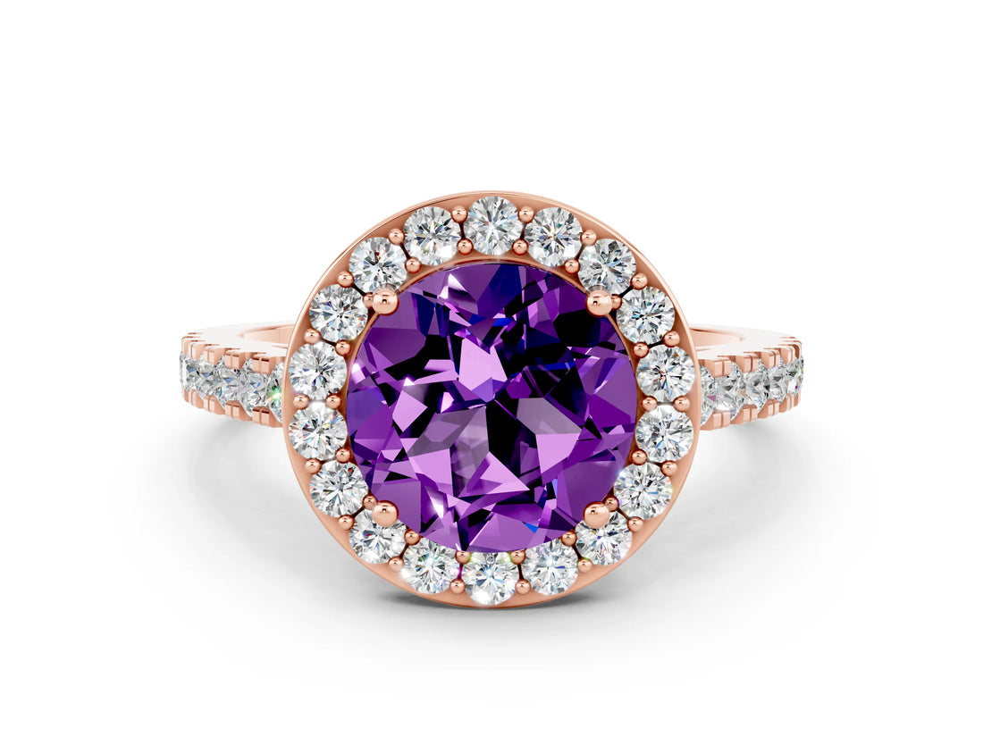 Rose gold Round Cut Halo Diamond Ring with Pavé Band and Three-Prong Setting
