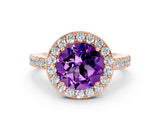 Rose gold Round Cut Halo Diamond Ring with Pavé Band and Three-Prong Setting