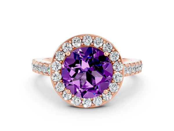 Rose gold Round Cut Amethyst Halo Ring with Round Pavé Split Shank and Prong Setting