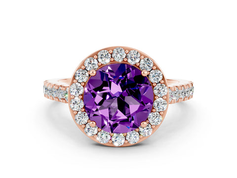 Rose gold Round Cut Halo Diamond Ring with Pavé Band and Three-Prong Setting