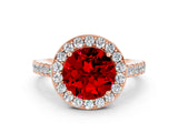 Rose gold Round Cut Halo Diamond Ring with Pavé Band and Three-Prong Setting