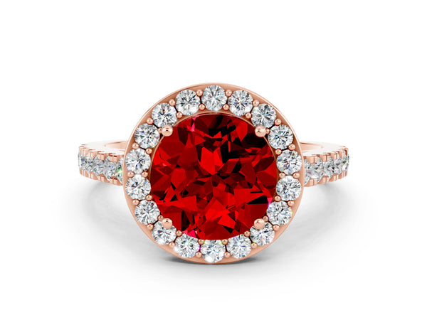 Rose gold Round Cut Ruby Halo Ring with Round Pavé Split Shank and Prong Setting