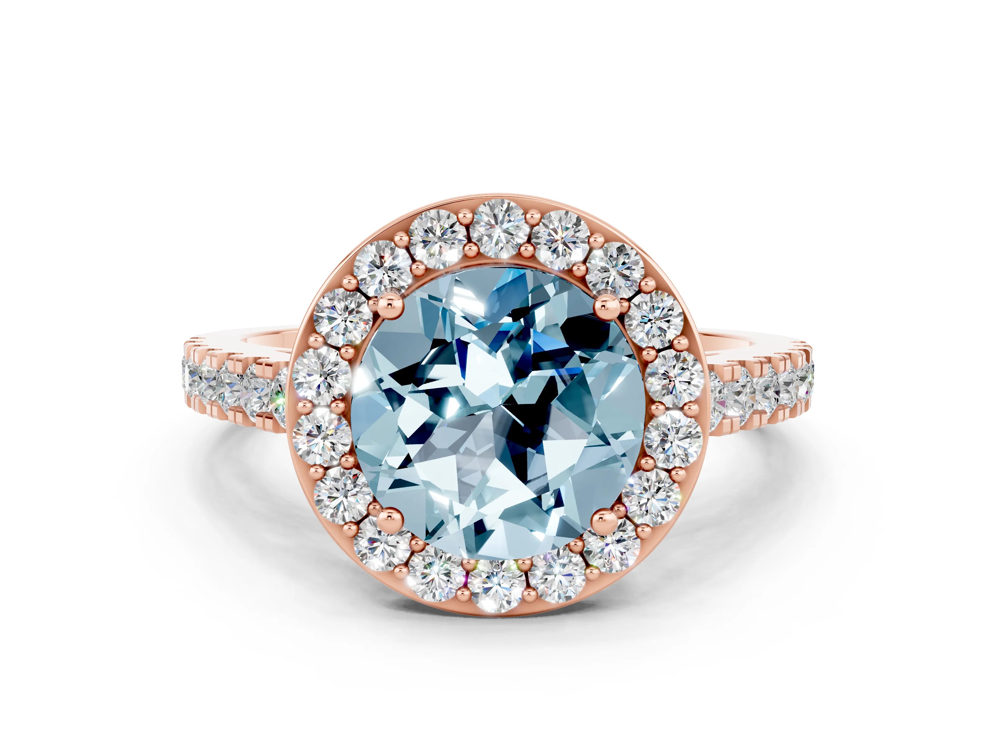 Rose gold Round Cut Halo Diamond Ring with Pavé Band and Three-Prong Setting