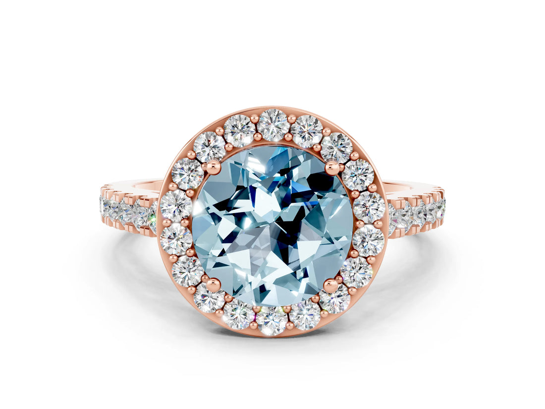 Rose gold Round Cut Halo Diamond Ring with Pavé Band and Three-Prong Setting