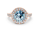 Rose gold Round Cut Halo Diamond Ring with Pavé Band and Three-Prong Setting