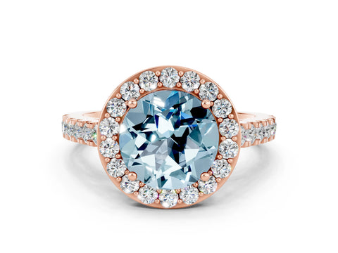 Rose gold Round Cut Halo Diamond Ring with Pavé Band and Three-Prong Setting