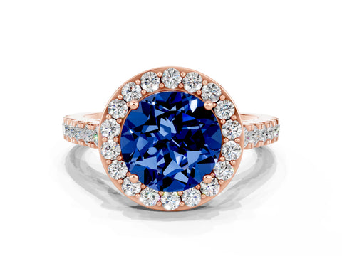 Rose gold Round Cut Halo Diamond Ring with Pavé Band and Three-Prong Setting