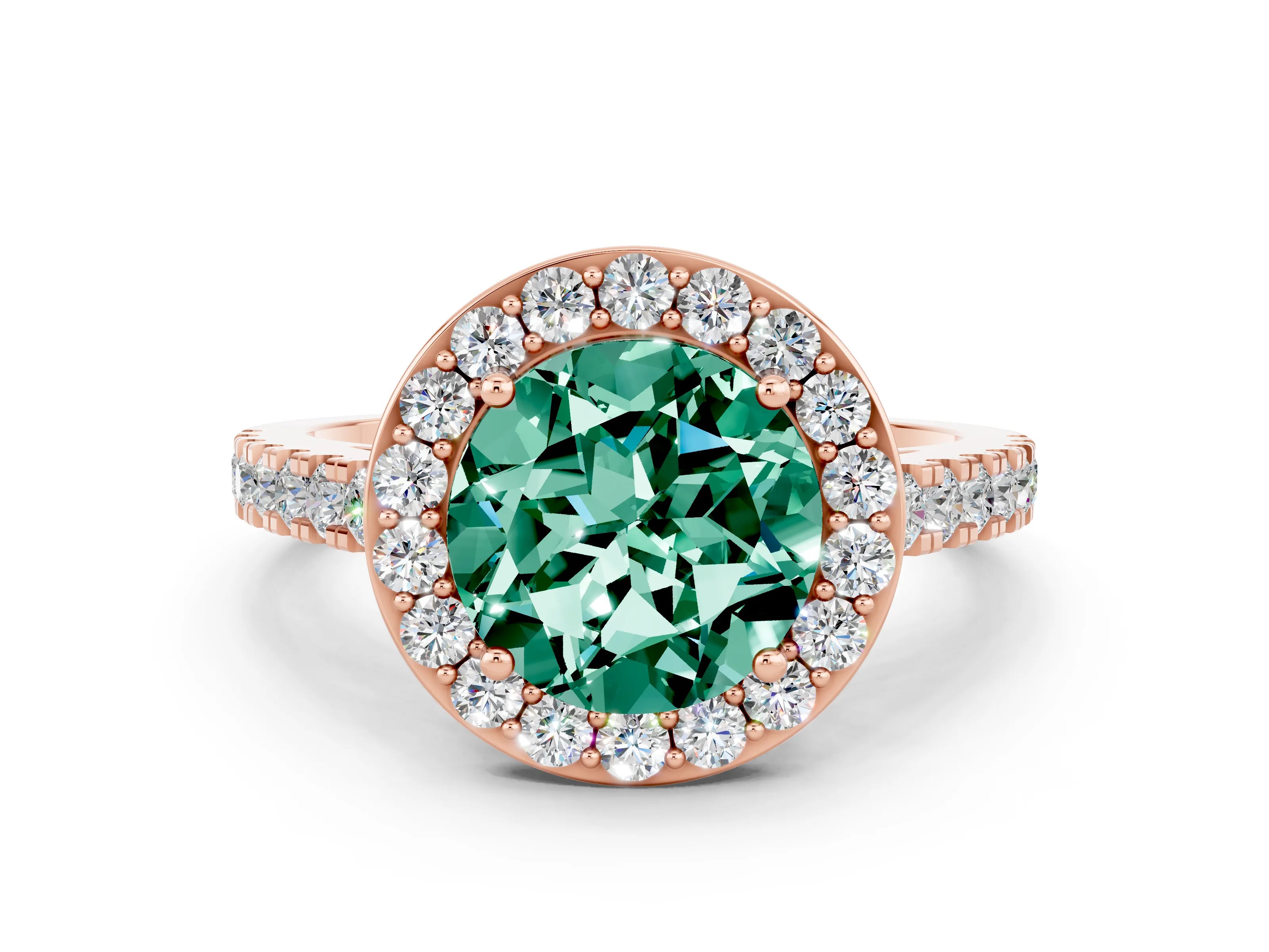 Rose gold Round Cut Halo Diamond Ring with Pavé Band and Three-Prong Setting