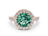 Rose gold Round Cut Halo Diamond Ring with Pavé Band and Three-Prong Setting