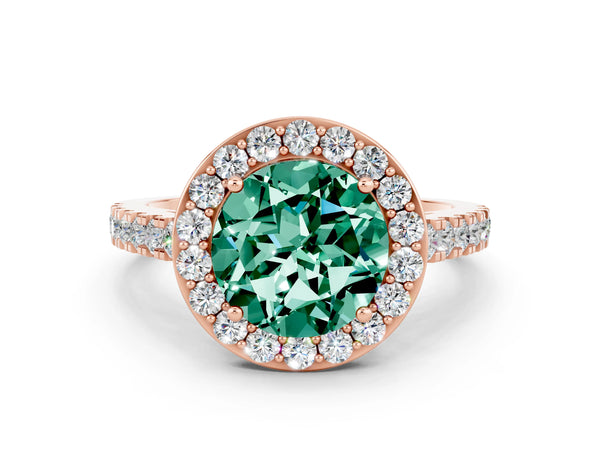 Rose gold Round Cut Green Sapphire Halo Ring with Round Pavé Split Shank and Prong Setting