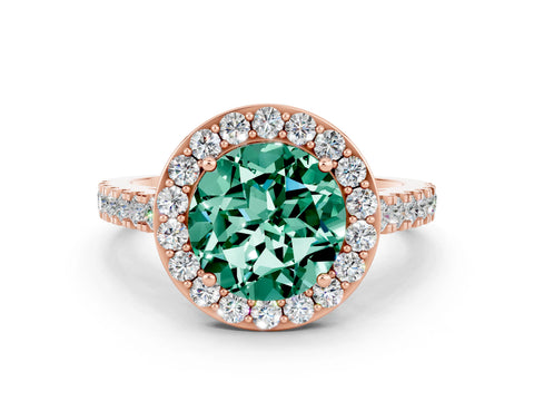 Rose gold Round Cut Halo Diamond Ring with Pavé Band and Three-Prong Setting
