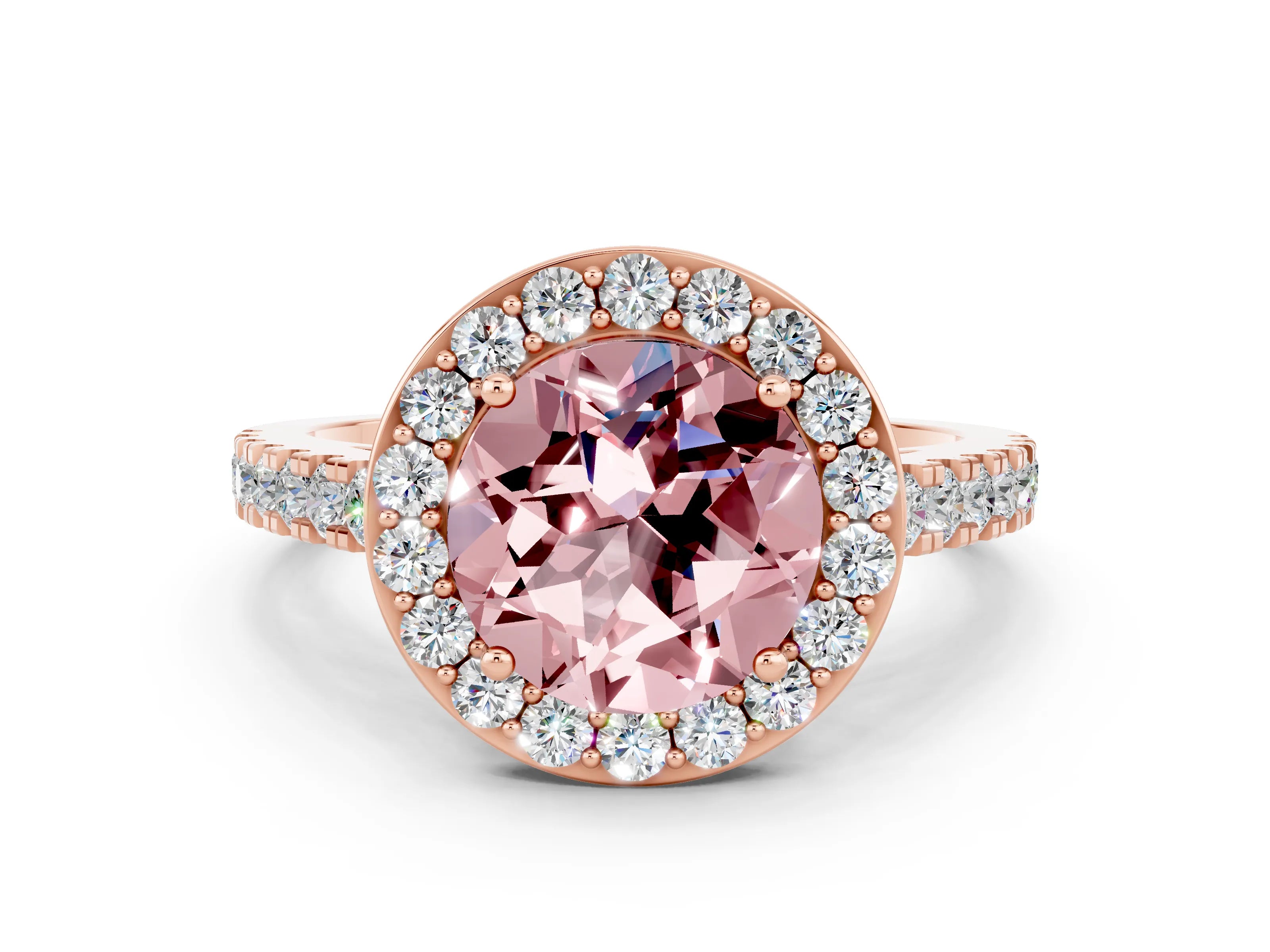 Rose gold Round Cut Halo Diamond Ring with Pavé Band and Three-Prong Setting
