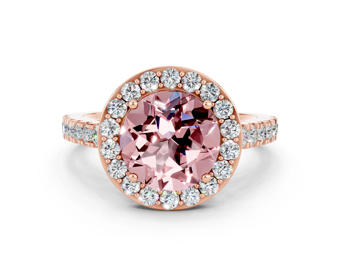 Rose gold Round Cut Halo Diamond Ring with Pavé Band and Three-Prong Setting