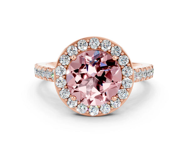 Rose gold Round Cut Halo Diamond Ring with Pavé Band and Three-Prong Setting