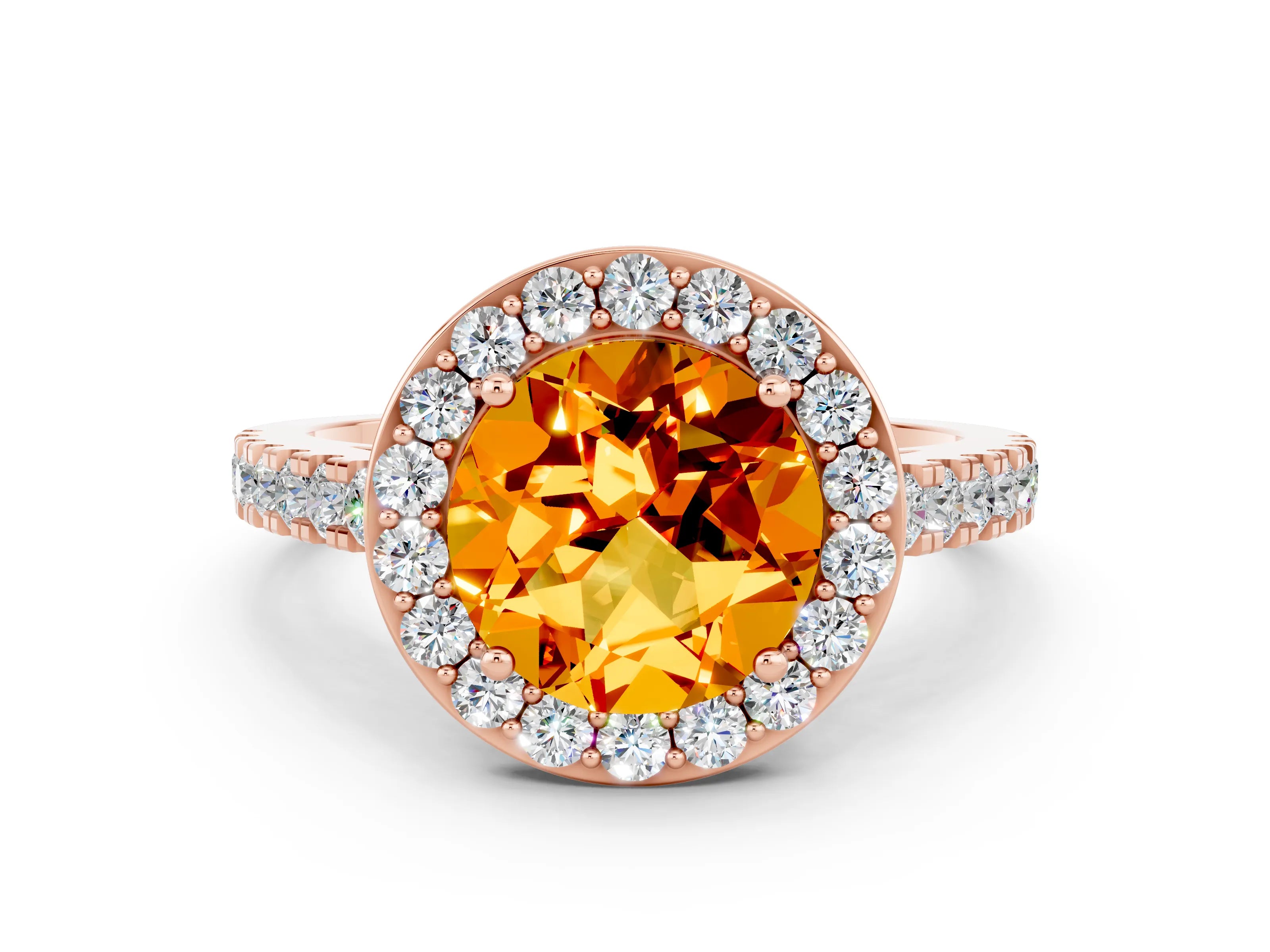 Rose gold Round Cut Halo Diamond Ring with Pavé Band and Three-Prong Setting