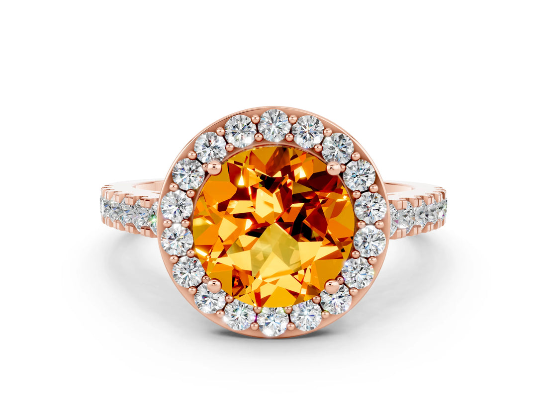 Rose gold Round Cut Halo Diamond Ring with Pavé Band and Three-Prong Setting