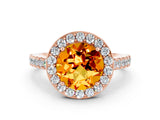 Rose gold Round Cut Halo Diamond Ring with Pavé Band and Three-Prong Setting