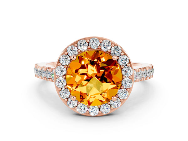 Rose gold Round Cut Citrine Halo Ring with Round Pavé Split Shank and Prong Setting