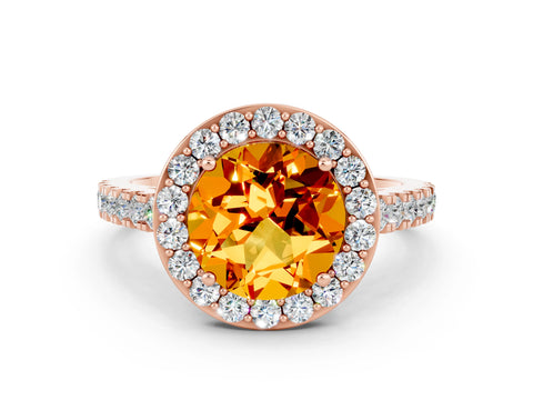 Rose gold Round Cut Halo Diamond Ring with Pavé Band and Three-Prong Setting