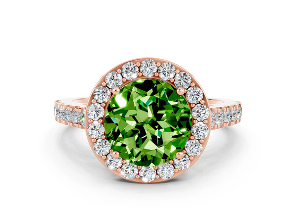 Rose gold Round Cut Halo Diamond Ring with Pavé Band and Three-Prong Setting