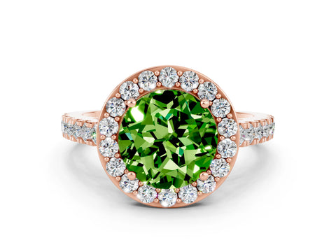 Rose gold Round Cut Halo Diamond Ring with Pavé Band and Three-Prong Setting