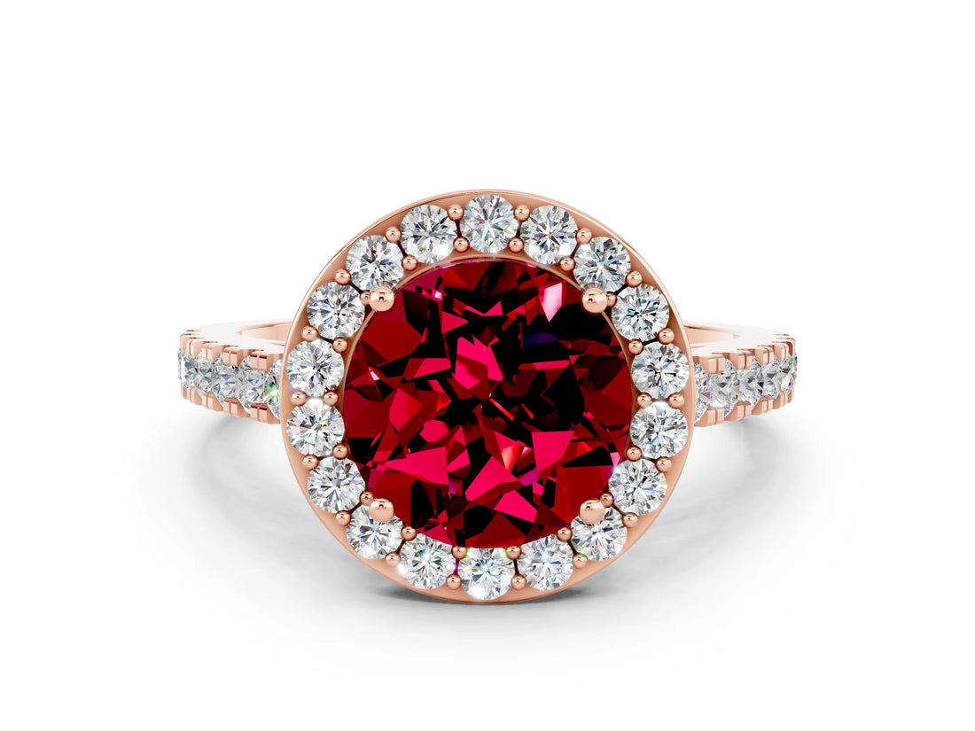 Rose gold Round Cut Halo Diamond Ring with Pavé Band and Three-Prong Setting