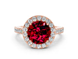 Rose gold Round Cut Halo Diamond Ring with Pavé Band and Three-Prong Setting