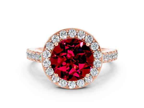 Rose gold Round Cut Garnet Halo Ring with Round Pavé Split Shank and Prong Setting